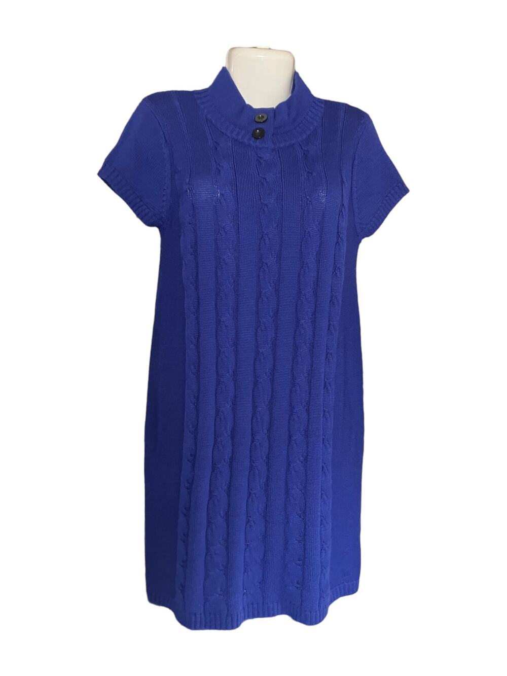 Democracy Women's Blue High Neck Acrylic/Wool Cable Knit Sweater Dress SZ L
